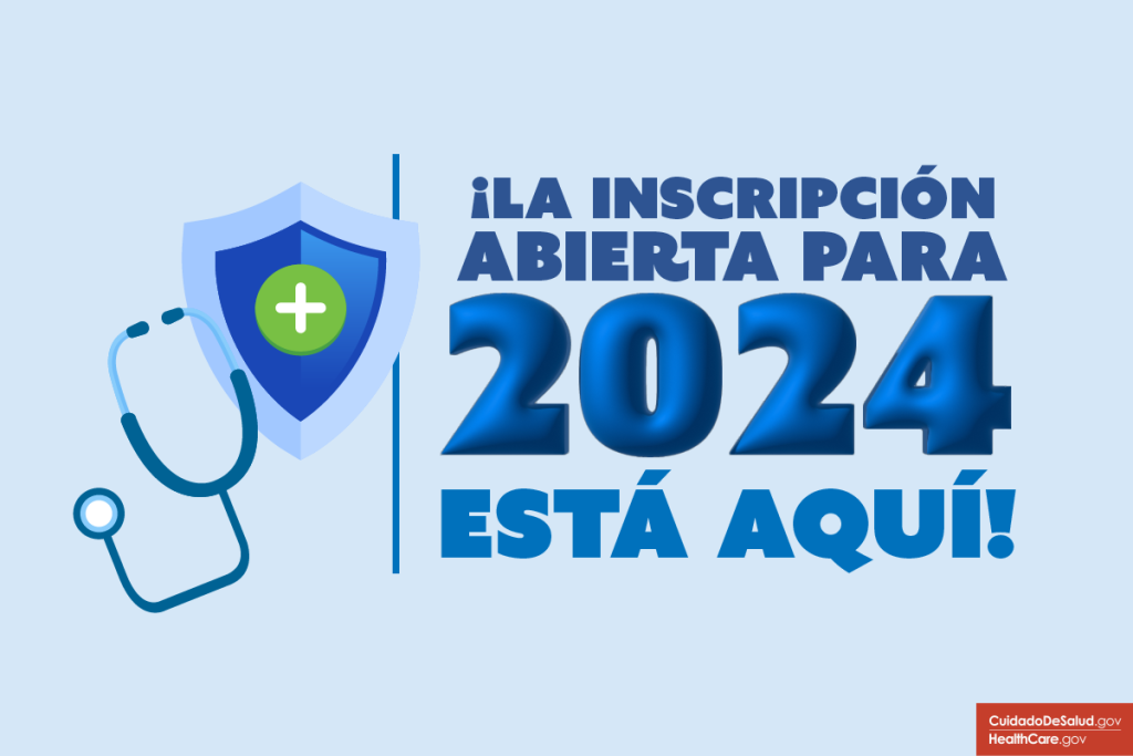 Un estetoscopio azul y un escudo junto al texto "La inscripción abierta para 2024 ya está aquí".